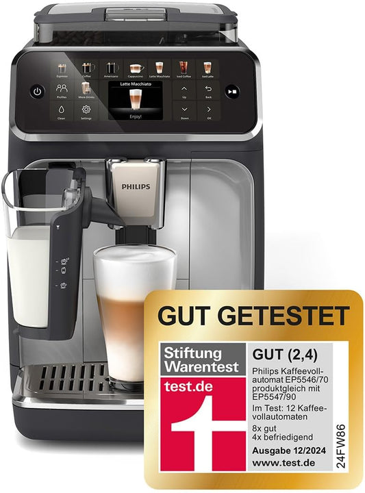Philips Serie 5500 Kaffeevollautomat – LatteGo Milchsystem, 20 heiße und kalte Kaffeespezialitäten, 40% leiser mit SilentBrew, Schwarz und Silber (EP5546/70)